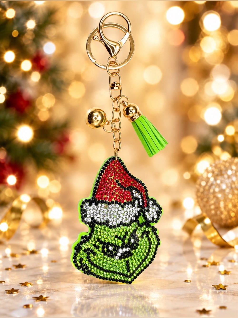 Festive Green Grinch Rhinestone Tassel Keychain Bag Charm